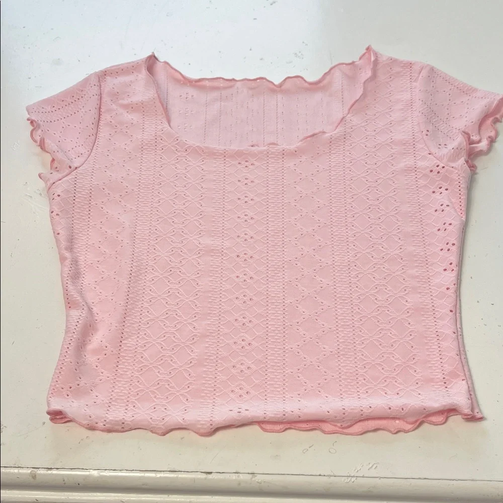 Small Pink Short Sleeve Lettuce Edge Hem Sheer Scoop Neck Blouse